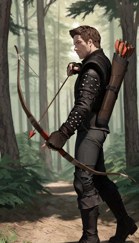 masterpiece, best quality, newest, perfect quality, best quality, detailed background, intricate details, male focus, solo, <lora:Skyrim Romance Mod - Bishop - Illustrious 2-000007:0.7>, srm_bishop, 1boy, mature male, brown hair, very short hair, yellow eyes, stubble, leather armor, fingerless gloves, pants, boots, forest, bow (weapon), aiming bow, from side, quiver (arrow)
