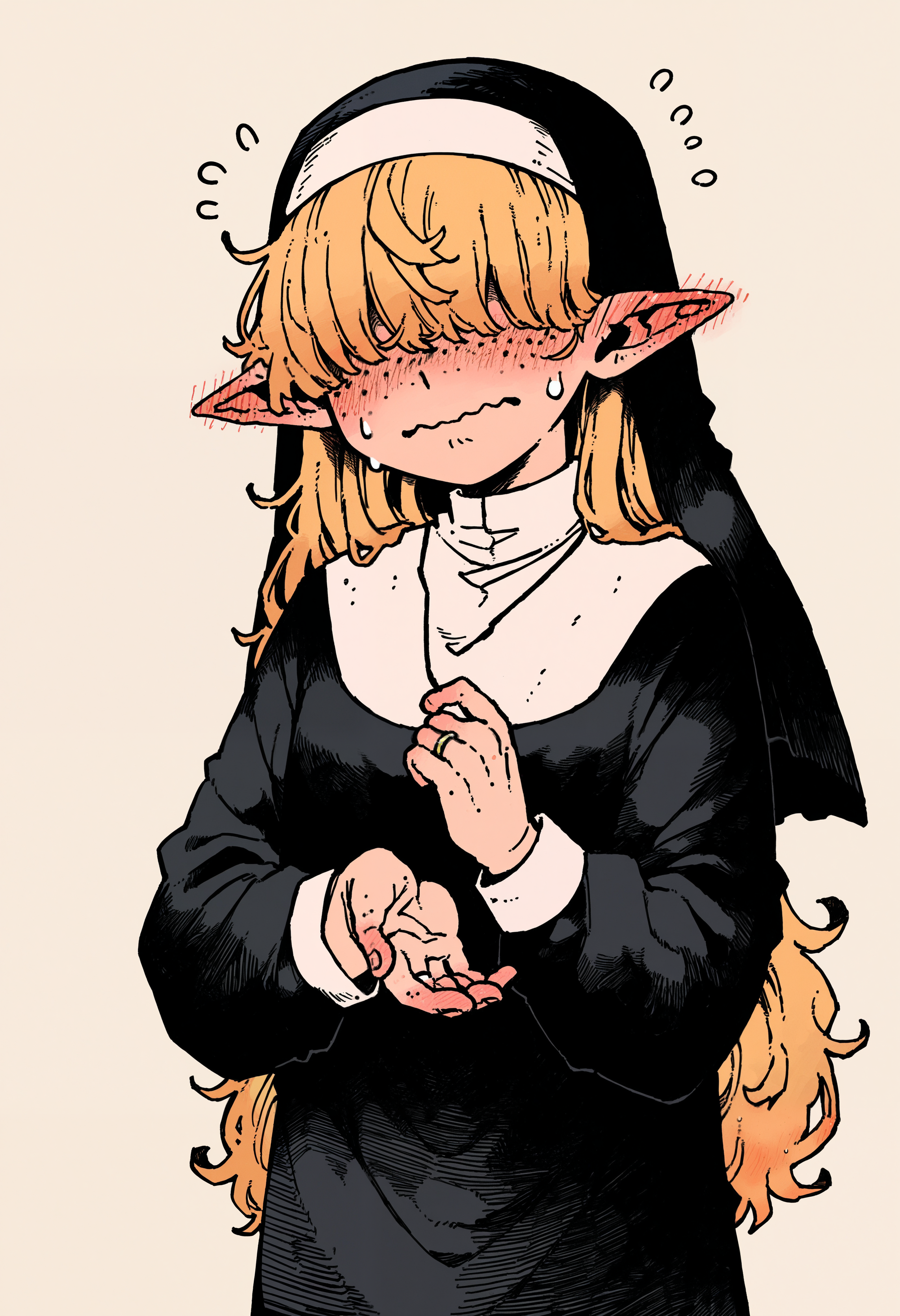 hatching \(texture\), simple background,   1girl, solo, very long hair, bangs, hair over eyes, elf ears, blushing, ear blush, traditional nun, nun hat, body freckles, freckles, flying sweatdrops, wavy mouth, closed mouth, wedding ring, marriage proposal,  <lora:kou_tamagosan1001>