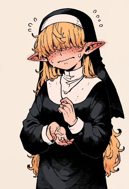 hatching \(texture\), simple background, 1girl, solo, very long hair, bangs, hair over eyes, elf ears, blushing, ear blush, traditional nun, nun hat, body freckles, freckles, flying sweatdrops, wavy mouth, closed mouth, wedding ring, marriage proposal, <lora:kou_tamagosan1001>