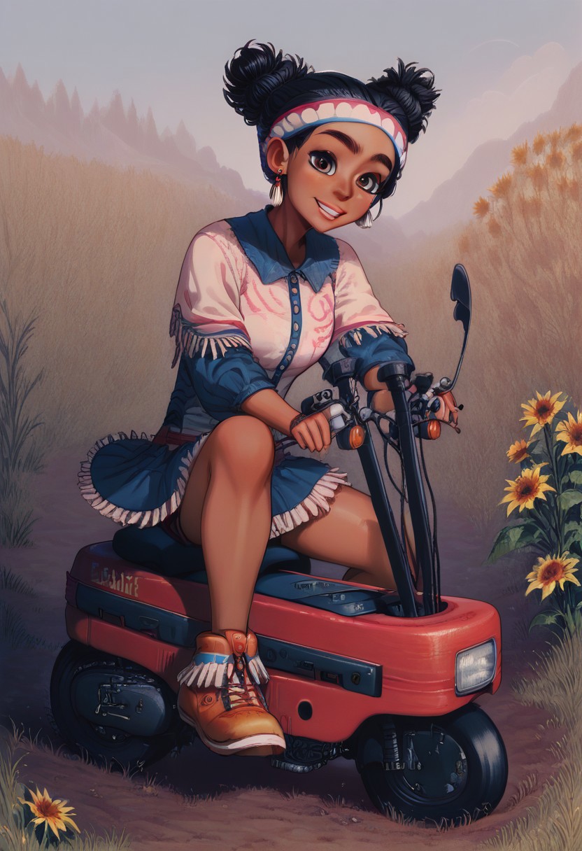 score_9,score_8_up,score_7_up,score_6_up, deep,  lily-brown riding motocompo in front of sunflowers. 
lilysfxl,brown eyes,black hair,double bun,
poncho,fringe trim, headband,earrings,pink short shorts, motocompo, scooter, riding, riding scooter, sunflowers in background, going very fast., pastel_style, detailed background, 
outdoors, 
looking at viewer,smile,<lora:LilySFXL:0.9>,