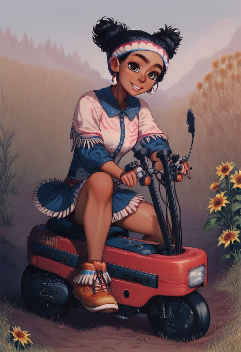 score_9,score_8_up,score_7_up,score_6_up, deep, lily-brown riding motocompo in front of sunflowers.
lilysfxl,brown eyes,black hair,double bun,
poncho,fringe trim, headband,earrings,pink short shorts, motocompo, scooter, riding, riding scooter, sunflowers in background, going very fast., pastel_style, detailed background,
outdoors,
looking at viewer,smile,<lora:LilySFXL:0.9>,