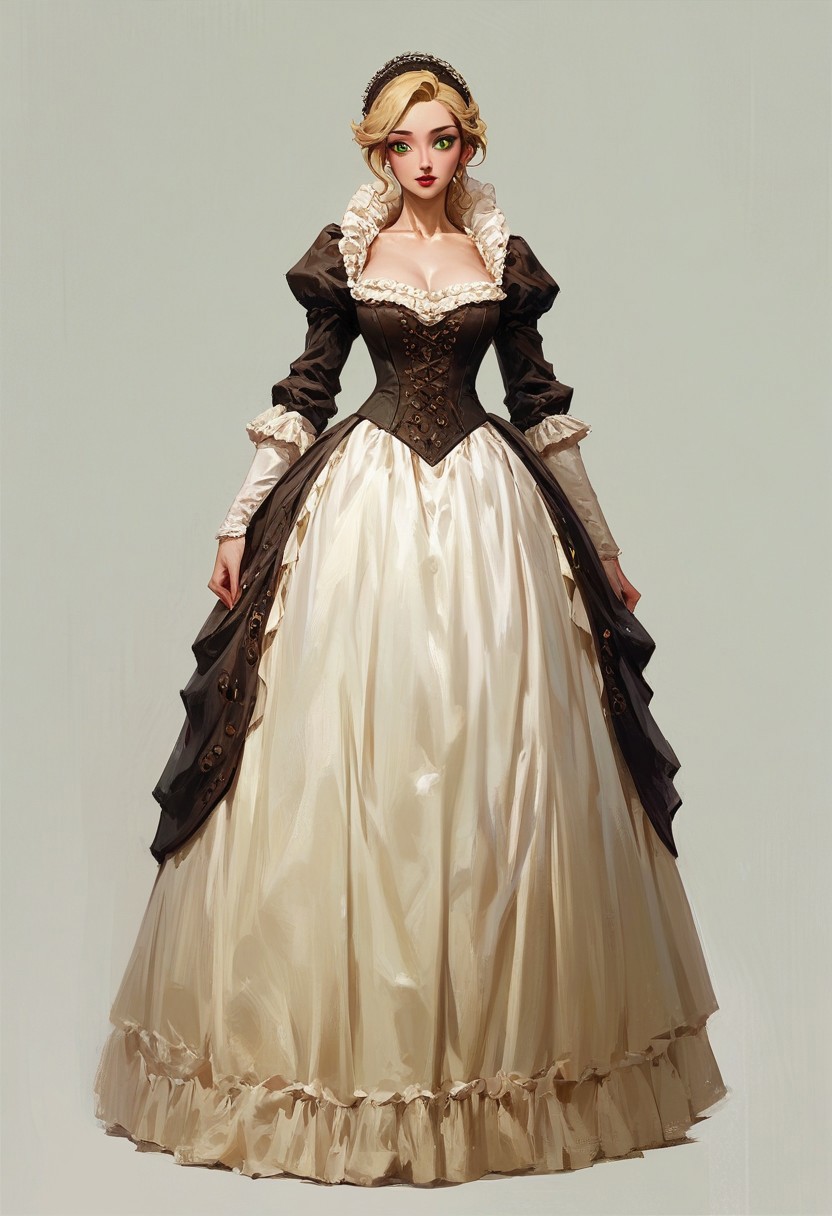 score_9,score_8_up,score_7_up,score_6_up, 1girl, solo, green eyes, blonde hair, shining blonde hair, blonde eyebrow, long eyelash, red lips, naive face, big breast, victorian dress, full body, The Phantom of the Opera style