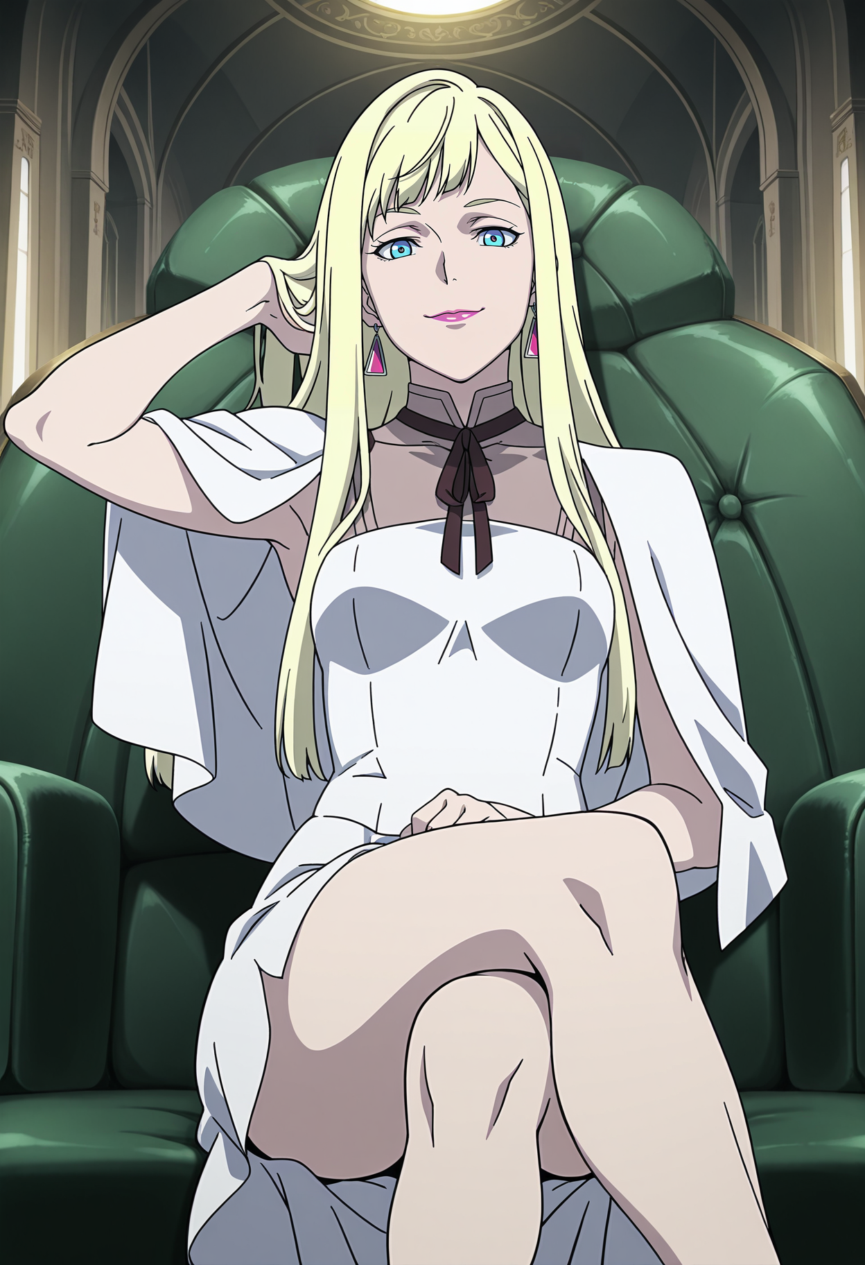 1girl,solo,Andalucia,blonde hair,long hair,blue eyes,earrings,anime coloring,
necktie,white dress,white capelet,lipstick,sitting,on couch,crossed legs, arm up,looking at viewer, smile,indoors
,masterpiece,best quality,amazing quality,<lora:Gigi_Andalucia-Mobile_Suit_Gundam_Hathaway:0.8>