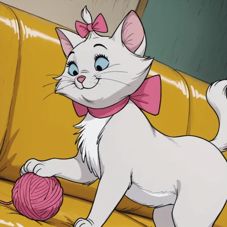 uncensored, masterpiece, best quality, highly detailed, realistic, solo, MarieAT, furry, feral, feline, cat, pink inner ear, black eyebrows, light-blue sclera, black eyes, pink nose, white body, white fur, white chest tuft, pink bow ribbon, neck bow, bow accessory, whiskers, medium tail, smile, closed mouth, looking at object, indoors, tan couch, yarn ball, playing with yarn ball, hand on yarn ball, detailed background, dutch angle, side view, 4 fingers