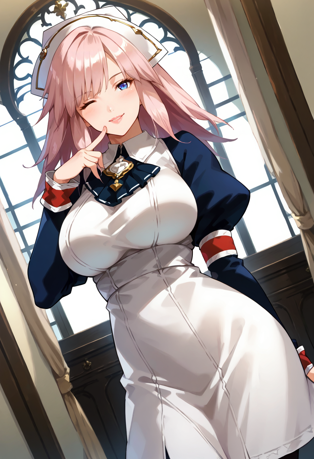 score_9, score_7_up, hd, (ultra hd quality details), source_anime, indoors,
solo, 1girl, gbfgab, large breasts, huge breasts, pink hair,
maid, nurse cap, white and blue dress, juliet sleeves, armband, long sleeves, black pantyhose,
looking at viewer, blush, smile, lips, one eye closed,
standing, finger to mouth, dutch angle,
<lora:_gabriel_gbf-elesico-ponyr1:1>