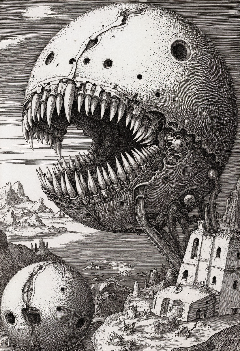 engraving in the style of yfg-durer, Digital Illustration, A surreal depiction of a mechanical sphere with a gaping mouth filled with sharp teeth and tangled wires, featuring numerous holes and cracks, set against a desolate landscape with barren, with intricate textures and vibrant colors. The scene should include a rich variety of elements, each contributing to the overall atmosphere. Lighting should be soft, diffused, and natural, enhancing the depth and realism of the scene. The mood is to be calm yet vibrant, creating a sense of serenity and wonder. Every detail in the scene should be meticulously rendered, emphasizing the contrast between light and shadow, and capturing the fine textures and subtle gradients. The color palette should be carefully chosen to evoke emotion, with each hue enhancing the aesthetic appeal of the overall composition. The final image should be immersive and captivating, drawing the viewer into its intricately detailed world.