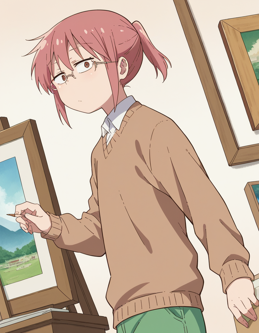 score_9, score_8_up, score_7_up, source_anime, <lora:dragon-kobayashi-s2-ponyxl-lora-nochekaiser:1>, kobayashi, ponytail, pink hair, glasses, short hair, brown eyes,, shirt, long sleeves, white shirt, collared shirt, pants, sweater, brown sweater, green pants,, museum, art exhibit, paintings, observing, quiet contemplation, cultural experience, , looking at viewer, from side, solo,, dutch angle,