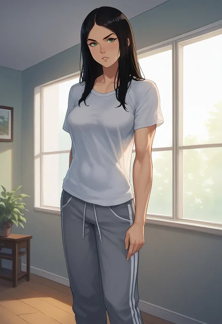 laura kinney, 1girl, muscular , pale skin,solo, black hair, very long hair, black hair, straight hair,pale skin, green eyes, athletic girl, skinny muscular girl, looking at viewer, , perfect legs,score_9, score_8_up, score_8, 1girl, solo, looking at viewer, wide track pants,loose pants, oversized t-shirt, oversized trousers, loose t-shirt, oversize,
cartoon of amraql, , best quality,
1girl, sexy girl,
perfect medium breasts, parted lips, indoors, detailed background