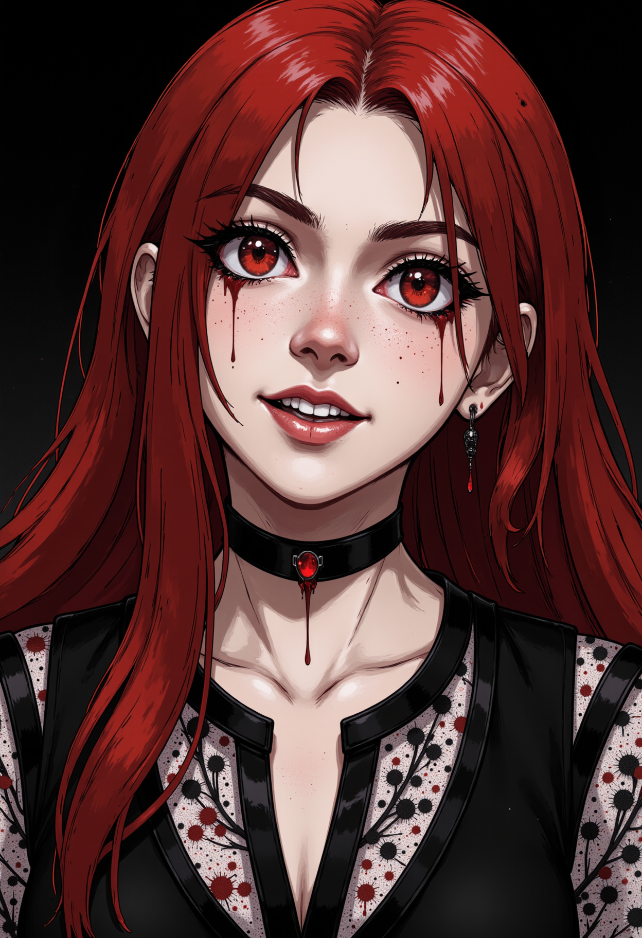 inred_style illustration, portrait painting of a young goth woman with long crimson hair and striking european features with subtle freckles that look like tiny splatters of blood. The image is asymmetrical and dynamic. She is wearing a lace-trimmed blouse and a choker with a cross-shaped ruby. Her beauty is hauntingly menacing and mysterious. Blood is on her mind. Her head is tilted to the side and the slight smile reveals her vampire fangs. Blood is dripping down her eyes like bleeding mascara  <lora:flux\flux_inred_style_v1>