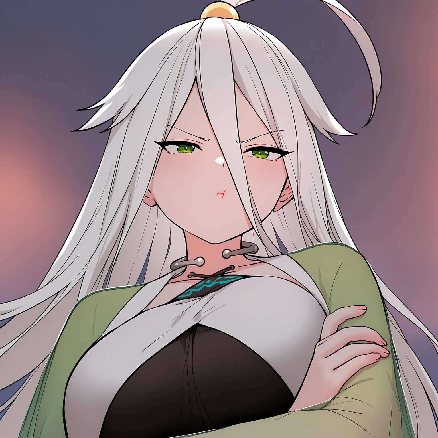 masterpiece,best quality,newest,absurdres,highres,<lora:noobai_ep11_stabilizer_v0.138_fp16:1>,murong_yuzhuo,<lora:Murong_Yuzhuo_v2:1>,white hair,green eyes,Tsundere,pout cheeks,lips,blow,crossed arms,