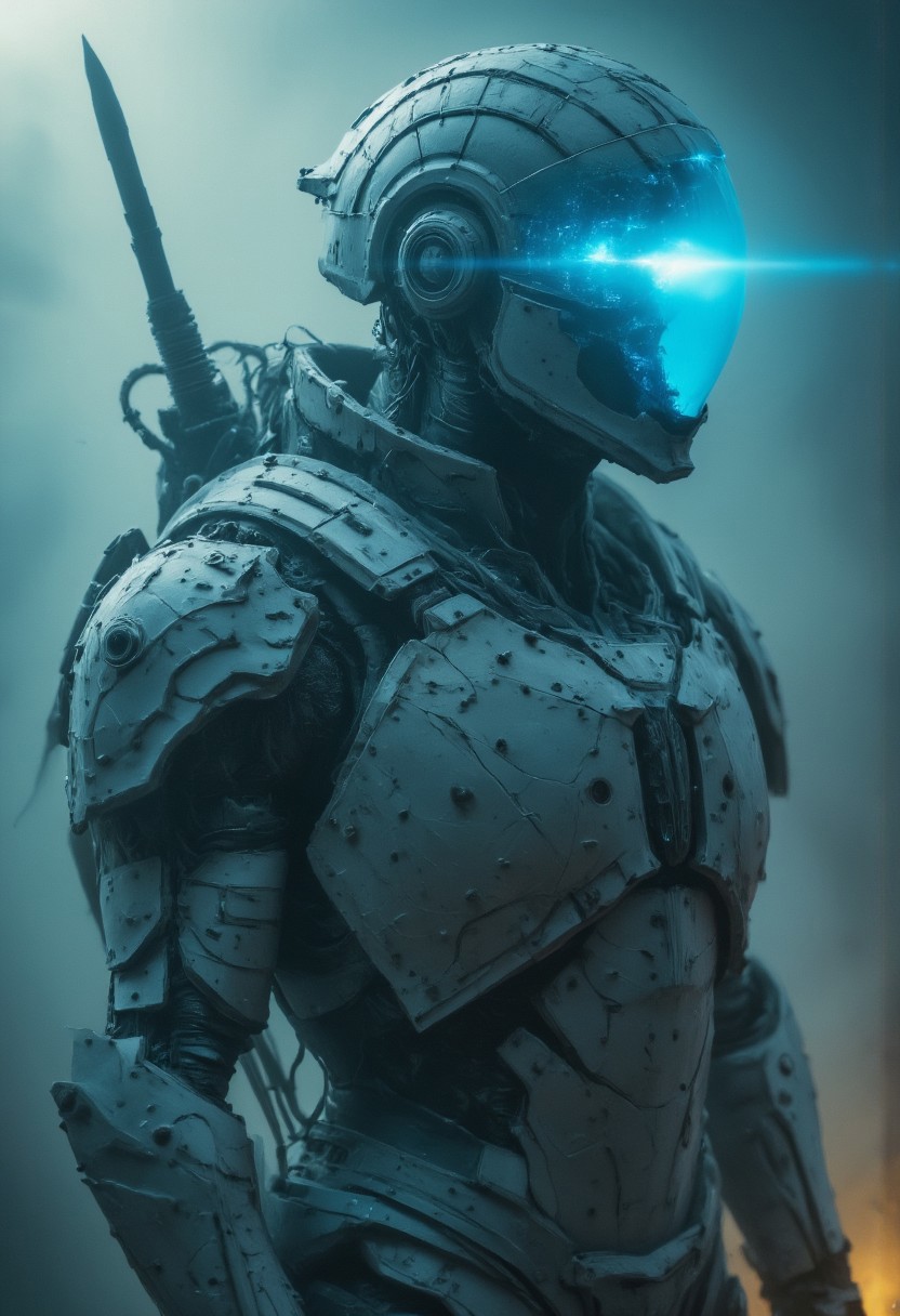 Old photo of an armored elysium war Drone bot, Closeup, blueish white ethereal, high contrast, Action Scene,