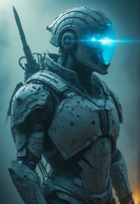 Old photo of an armored elysium war Drone bot, Closeup, blueish white ethereal, high contrast, Action Scene,