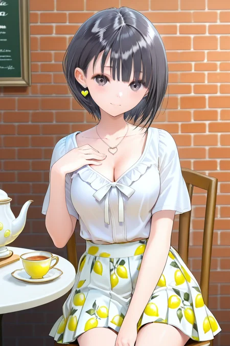 <lora:Shirai_Hinako_Blue_Reflection_illus:1>Shirai Hinako, lemon print skirt, casual outfit, 1girl, solo, looking at viewer, short hair, bangs, skirt, shirt, black hair, cafe background, closed mouth, sitting on the chair, table with sponge cake teapot and cup of tea, collarbone, white shirt, short sleeves, cowboy shot, medium pleated skirt, food, black eyes, gradient, fruit, bob cut, white skirt, lemon print skirt, anime color, cleavage, seductive smile, young-adult, <lora:Add_more_details_pony:0.8> brick wall, one hand on chest, heart necklace, heart earrings,