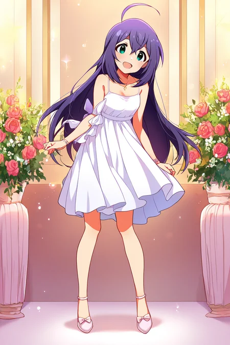 masterpiece,best quality,very aesthetic,absurdres,highres,newest,official art,official style,
1girl,solo,
mochizuki anna,purple hair,green eyes,ahoge,
dress,white dress,sleeveless dress,
<lora:eye_focus_illus:1>,eye_focus,
standing,full body,
<lora:idolmaster_mochizuki_anna_ill_v1.0:1>,