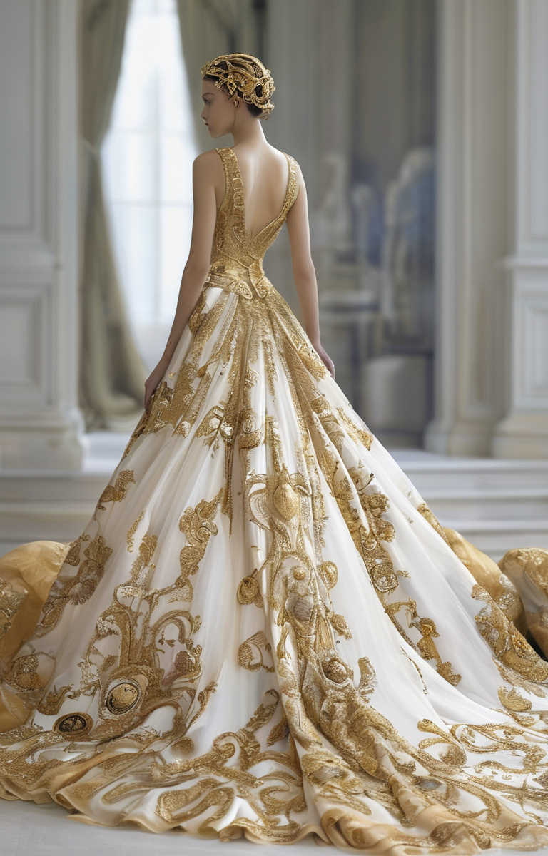 masterpiece,best quality,<lora:tbh322-sdxl:0.9>,illustration,style of Christian Dior Elegant Versace gown with signature Medusa motif, gold accents, fashion runway, high-end couture