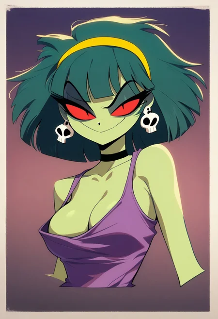 HCSV1,
1girl, solo, portrait, bangs, sidelocks, hairband, smile, smirk, earrings, jewelry, breasts, cleavage, collarbone, green hair, green skin, colored skin, short hair, red eyes, closed mouth, bare shoulders, medium breasts, gradient background, skull earrings, yellow hairband, choker, looking at viewer, black choker, zombie, tank top, purple tank top