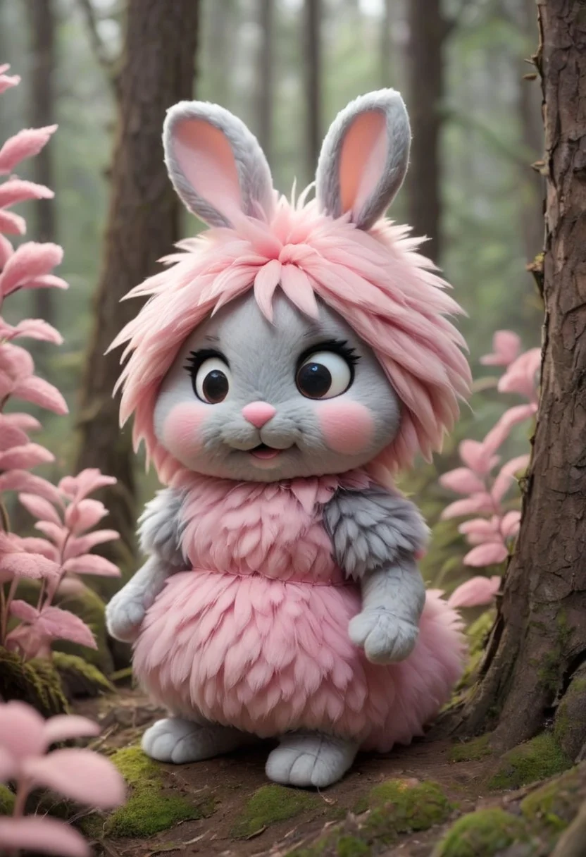 source_anime, Cute wonderful creatures, Microphotography, chibi, cute fluffy rabbits ,pink and grey, in a dreamy forest, ispzxll, In a felt puppet world style,