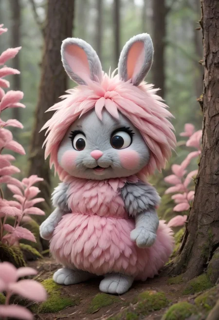 source_anime, Cute wonderful creatures, Microphotography, chibi, cute fluffy rabbits ,pink and grey, in a dreamy forest, ispzxll, In a felt puppet world style,