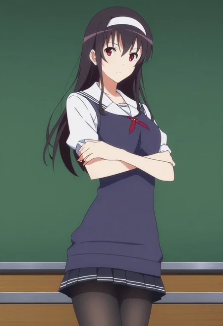 score_9, score_8_up, score_7_up, score_6_up,High res, absurdres,Detailed background,detailed face,absurd res,4K,8K, HD,Good anatomy,Great Anatomy,High Quality,Ultra HD,Best Quality,source_anime,uncensored,BREAK,1girl,olo, school uniform, pantyhose, long hair, black pantyhose, hairband, black hair, sweater vest, skirt, crossed arms, red eyes,classroom