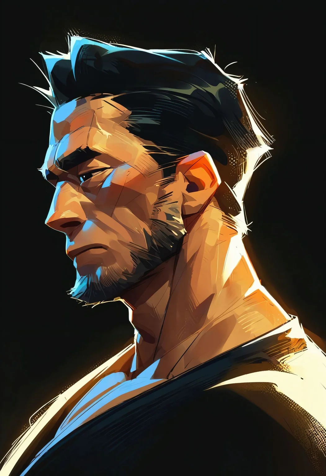 score_9,score_8_up,core_7_up, <lora:samdoesarts_pdxl_v1:1>1boy, solo, male focus, black background, black hair, from side, upper body, simple background, profile, black eyes, closed mouth,mature male