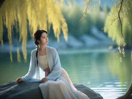 cinematic film still a beautiful girl is sitting on a rock,szhf dress,highly detailed,solo,light blue beizi,near a lake,willow tree,mountains,beautiful landscape,beautiful face,slim <lora:szhf:0.7> . shallow depth of field, vignette, highly detailed, high budget Hollywood movie, bokeh, cinemascope, moody, epic, gorgeous, film grain, grainy