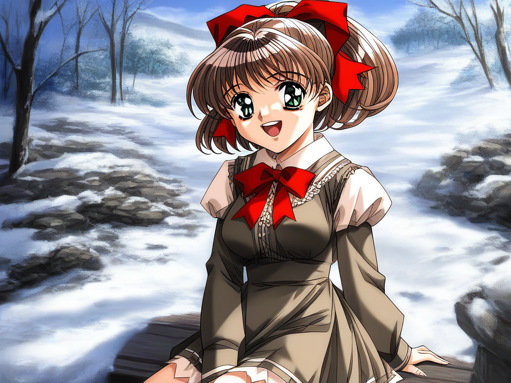score_9, score_8_up, score_7_up, source_anime, rating_explicit, BREAK <lora:Sunohara_Suzuha_XL:1> Sunohara_Suzuha, brown hair, green eyes, red bow, hair bow, medium hair, ponytail, medium breasts,
1girl, solo, snow, sitting, dress, open mouth, smile, long sleeves, looking at viewer, retro artstyle, holding