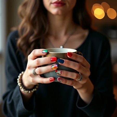 <lora:Hand v2:1>
detailed edges, detailed image, perfection style, A cinematic detailed image of a woman with colorful nails holding a cup in front of camera, movie themed, sharp, detailed background, epic cinematic photography, artistic style, dramatic light style, cinematic color style, Kodak 35mm film style, detailed style, hand focus style, 1girl, solo, holding, jewelry, nail polish, blurry, bracelet, fingernails, depth of field, blurry background, red nails, close-up, blue nails, green nails, yellow nails, multicolored nails, nail art, pink nails, realistic, long sleeves, black shirt, beads, bead bracelet, photorealistic, hand focus
