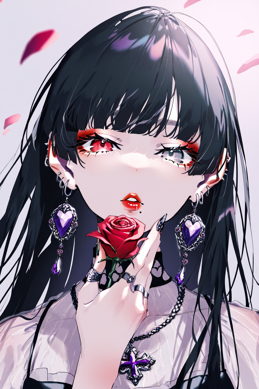 rolua,jewelry, 1girl, piercing, butterfly, bug, lip piercing, black hair, solo, flower, eyeshadow, makeup, earrings, ring, necklace, ear piercing, heterochromia, red eyes, nail polish, cross, parted lips, blunt bangs, long hair, mole, looking at viewer, rose, red lips, red flower, mole under mouth, tattoo, hime cut, fingernails, grey eyes, portrait, multiple rings, cross necklace, lipstick, upper body, long fingernails, petals, red eyeshadow, pale skin, red rose, purple gemstone, chest tattoo, hand up, eyelashes, dress, nail art, gem, clothing cutout,
BREAK,masterpiece,best quality,amazing quality,very aesthetic,absurdres,newest