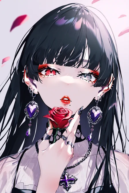 rolua,jewelry, 1girl, piercing, butterfly, bug, lip piercing, black hair, solo, flower, eyeshadow, makeup, earrings, ring, necklace, ear piercing, heterochromia, red eyes, nail polish, cross, parted lips, blunt bangs, long hair, mole, looking at viewer, rose, red lips, red flower, mole under mouth, tattoo, hime cut, fingernails, grey eyes, portrait, multiple rings, cross necklace, lipstick, upper body, long fingernails, petals, red eyeshadow, pale skin, red rose, purple gemstone, chest tattoo, hand up, eyelashes, dress, nail art, gem, clothing cutout,
BREAK,masterpiece,best quality,amazing quality,very aesthetic,absurdres,newest