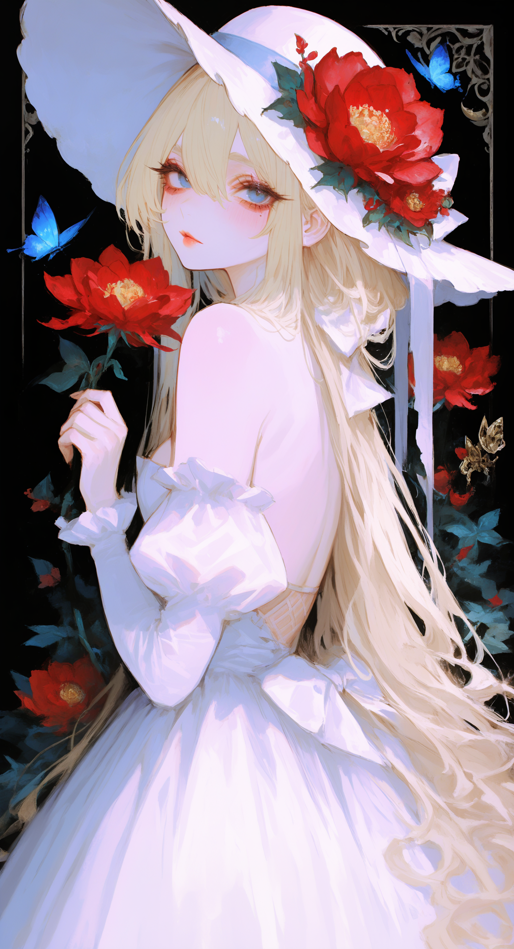 masterpiece, best quality, good quality, very aesthetic, absurdres, newest,  bare back, bare shoulders, black background, blonde hair, blue eyes, bow, bug, butterfly, crescent, detached sleeves, dress, eyelashes, fishnets, floral background, flower, frilled sleeves, frills, hair between eyes, hat, hat bow, hat flower, holding, holding flower, juliet sleeves, light blush, lipstick, long hair, long sleeves, makeup, mole, mole under eye, parted lips, peony (flower), puffy sleeves, red flower, red lips, strapless, strapless dress, sun hat, thick eyebrows, very long hair, white bow, white dress, white hat, white sleeves, 748cmstyle <lora:ponyv5_noobV065S_1_adamW-000013:0.7> <lora:USNR_STYLE_XL_lokr:0.45> <lora:745cmSDXLvpred75S:0.85>