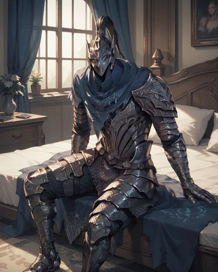 score_9, score_8_up, score_7_up, source_anime, score_6, 1boy, bedroom, sitting on bed, armor, artorias, <lora:Artorias:0.8>