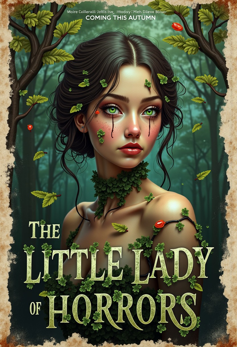 in the style of a old movie poster. (Banner text: "THE LITTLE LADY OF HORRORS!"). 
text made of vines.
movie headline in medium letters: (text: "COMING THIS AUTUMN"). 
below half way down the poster is the underline (text: "THIS IS NO PICNIC"). 
The poster background is made of of a erie forest backdrop. extremely detailed Stained and creased paper corners, with a burn mark stains on it. the poster has movie taglines and movie credits at the bottom of the poster. 
oldpprCE style.
a dryad plant flower woman is half the focus of the poster. 
standard neck length. brown hair. petals. tree. green eyes. dryad. monster girl. bugs. hair ornament. floating hair. plant girl. tree spirit with light skin. almost melancholic undertone. fair porcelain skin. raven black hair with a few strands framing her face. Her eyes are green. high definition detail. she has relaxed shoulders. glamorous women art. photo-realistic digital painting featuring a woman with a striking pose. giving an impression of tranquility or possibly a dreamlike state. antique-style 1920s photo vignette effect.