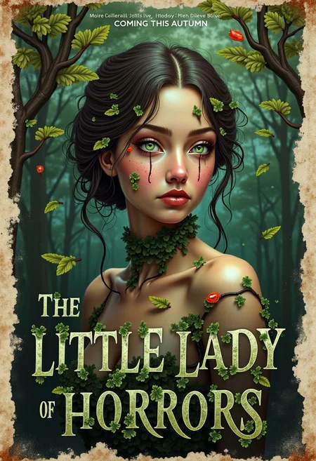 in the style of a old movie poster. (Banner text: "THE LITTLE LADY OF HORRORS!").
text made of vines.
movie headline in medium letters: (text: "COMING THIS AUTUMN").
below half way down the poster is the underline (text: "THIS IS NO PICNIC").
The poster background is made of of a erie forest backdrop. extremely detailed Stained and creased paper corners, with a burn mark stains on it. the poster has movie taglines and movie credits at the bottom of the poster.
oldpprCE style.
a dryad plant flower woman is half the focus of the poster.
standard neck length. brown hair. petals. tree. green eyes. dryad. monster girl. bugs. hair ornament. floating hair. plant girl. tree spirit with light skin. almost melancholic undertone. fair porcelain skin. raven black hair with a few strands framing her face. Her eyes are green. high definition detail. she has relaxed shoulders. glamorous women art. photo-realistic digital painting featuring a woman with a striking pose. giving an impression of tranquility or possibly a dreamlike state. antique-style 1920s photo vignette effect.