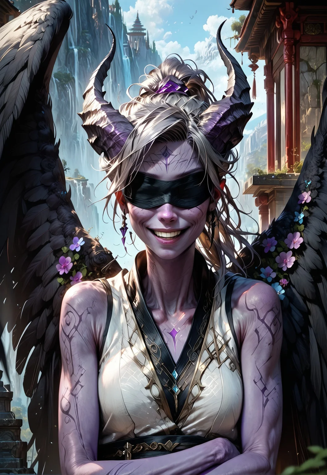 (absurdres, best quality, masterpiece:1.4), 
score_9, score_8_up, score_7_up, score_6_up, 
detailed, 
detailed body, 
detailed face, 
(((smooth skin, unbroken skin, detailed skin))), 
fantasy, 
alone, 

female, 
tiefling, 
h0rns, 
ram horns, 
black horns, 
tall, 
((((purple skin)))), 
((long grey hair, ponytail)), 
(((wingsd, black wings))),

crossed arms, arms across stomach, 
soft smile,

(white robe, sleeveless, 
blindfold, black cloth blindfold), 

depth of field, 
outdoors, 
mountain temple, 
upper body, 
front view, 