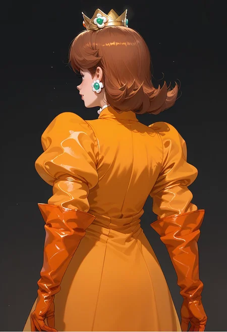 Score_9, score_8_up, score_7_up, best quality, (((Oversized gloves, Orange gloves))), 1girl, from behind, princess daisy, pantsuit,