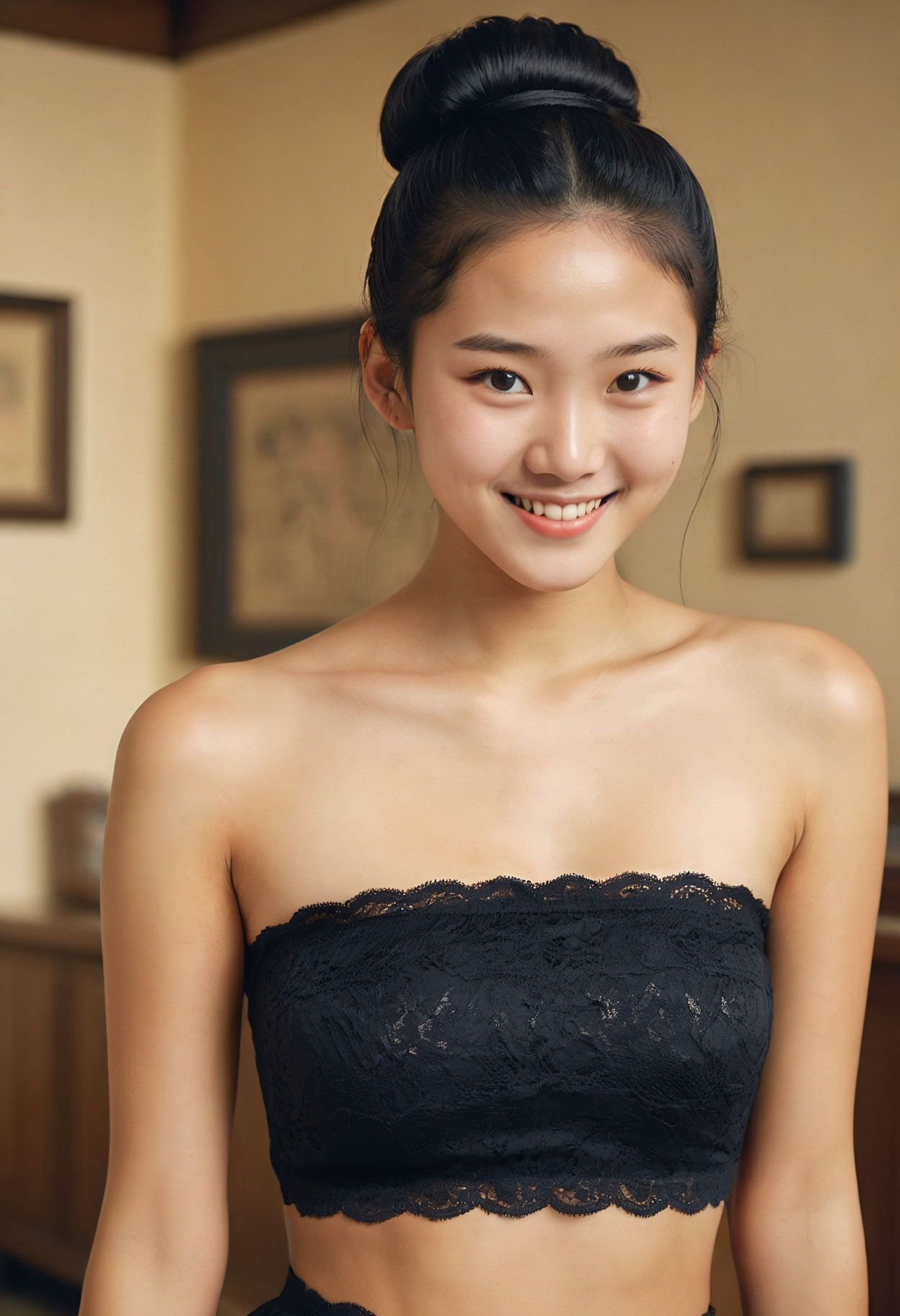 cowboy shot of a beautiful young Korean woman, 20 years old, highly detailed face, black hair bun, ideal face, cute smile, lace bandeau top, skirt, realistic detailed skin, indoor background, RAW candid cinema, 16mm, color graded portra 400 film, remarkable color, ultra realistic, highest quality, masterpiece photography,  <lora:BT_Lace_Bandeau_Top_XL:0.7>