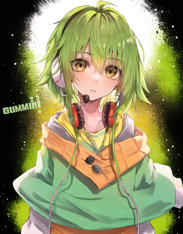 Gumi, solo, ((focus on face)), looking at viewer, white background <lora:Gumi_V1-01:0.6>, earphones,