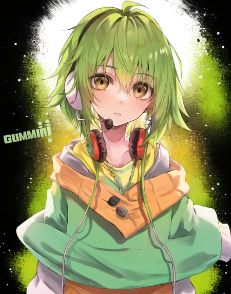 Gumi, solo, ((focus on face)), looking at viewer, white background <lora:Gumi_V1-01:0.6>, earphones,
