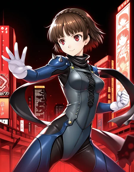 (b3kk4nk0u), <lora:1_illu_bekkankou_10e:1>, 1girl, Niijima Makoto, Persona 5, cowboy shot, brown hair, red eyes, crown braid, blue bodysuit, scarf, shoulder spikes, smile, closed mouth, short hair, small breasts, fighting stance, Tokyo, red and black background, city, (masterpiece, best quality, amazing quality),