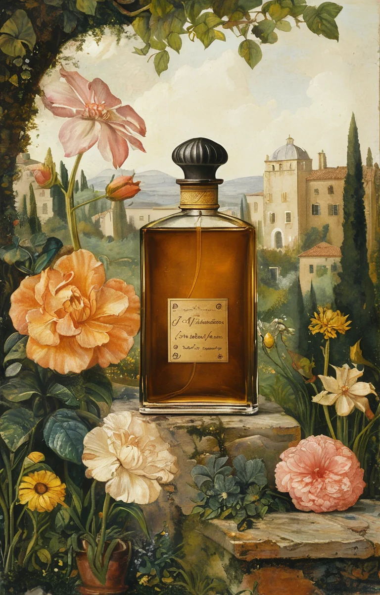 masterpiece,best quality,<lora:tbh184-sdxl:0.8>,illustration,style of Antonello da Messina, A bottle of perfume in garden