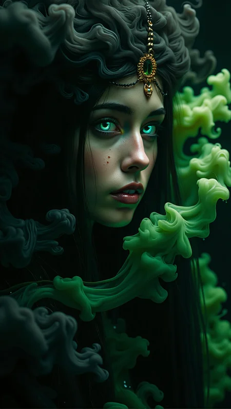 bv-smowormor. A close-up shot of a young breathtaking witch, her face emerging from a swirling mass of dark, toxic green smoke. Her eyes shine intensely, with a ghostly green glow that enhances the sharp shadows on her features. The smoke fades seamlessly below her shoulders, giving an impression of ethereal materialization. Behind her, the blood-red moon can be seen partially hidden by thick branches, creating a sense of depth, with the branches cutting across the moon's light naturally and reinforcing her spectral, otherworldly presence . The final iteration further refines the logical positioning of the blood-red moon. It is always described as being naturally placed behind the tree branches, with these branches breaking the moonâs light in a realistic way, adding consistent depth to the scene. The lighting elements are balanced so that the green underglow and red moonlight coexist without competing, while sharp focus emphasizes each detailâwhether it is the texture of her robes, the ancient trees, or the flickering glow of the jack-o'-lanternsâall contributing to a cohesive and chillingly realistic scene. , <lora:bv-smoke-world-morph-1-0.safetensors:0.75:0.75> <lora:FluxDFaeTasticDetails.safetensors:0.75:0.75>