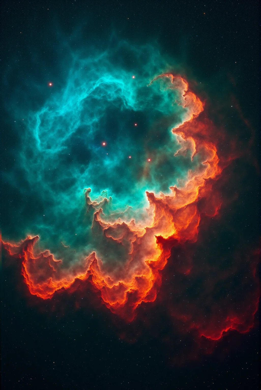 <lora:Vibrant_Nebula_2:0.8> VibrantNebula style.
An intricate star cradle unfurls in a luminous bloom of turquoise and ember, its molecular filaments curling like smoke against a star-pierced abyss. Defined by chiaroscuro lighting and the interplay of cool and warm spectrums, the glowing cloudscape showcases an angular, symmetrical balance with deep shadows and fiery edges. A Dutch tilt adds disorientation, while the texture shifts from silky diffusion to granular plasma, achieving a surrealist clarity fused with impressionist brush tones. Dense gaseous waves form baroque spirals that intersect with radiant star clusters, enhancing the illusion of rotating motion within a frozen moment. Embedded points of light glimmer through layers of translucent dust, contributing a shimmering mosaic to the spatial tapestry. The color scheme follows a complementary opposition between fiery reds and tranquil blues, with gradients fading into the void like echoes of creation. Captured as a cosmic fresco in cinematic wide-angle perspective, the scene combines celestial violence with harmonic balance, held together by a delicate choreography of form, light, and depth.