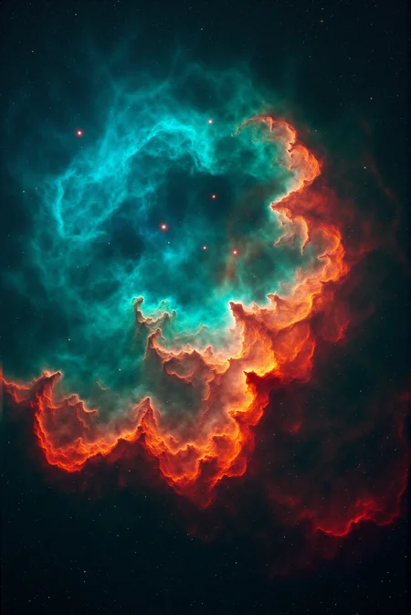<lora:Vibrant_Nebula_2:0.8> VibrantNebula style.
An intricate star cradle unfurls in a luminous bloom of turquoise and ember, its molecular filaments curling like smoke against a star-pierced abyss. Defined by chiaroscuro lighting and the interplay of cool and warm spectrums, the glowing cloudscape showcases an angular, symmetrical balance with deep shadows and fiery edges. A Dutch tilt adds disorientation, while the texture shifts from silky diffusion to granular plasma, achieving a surrealist clarity fused with impressionist brush tones. Dense gaseous waves form baroque spirals that intersect with radiant star clusters, enhancing the illusion of rotating motion within a frozen moment. Embedded points of light glimmer through layers of translucent dust, contributing a shimmering mosaic to the spatial tapestry. The color scheme follows a complementary opposition between fiery reds and tranquil blues, with gradients fading into the void like echoes of creation. Captured as a cosmic fresco in cinematic wide-angle perspective, the scene combines celestial violence with harmonic balance, held together by a delicate choreography of form, light, and depth.