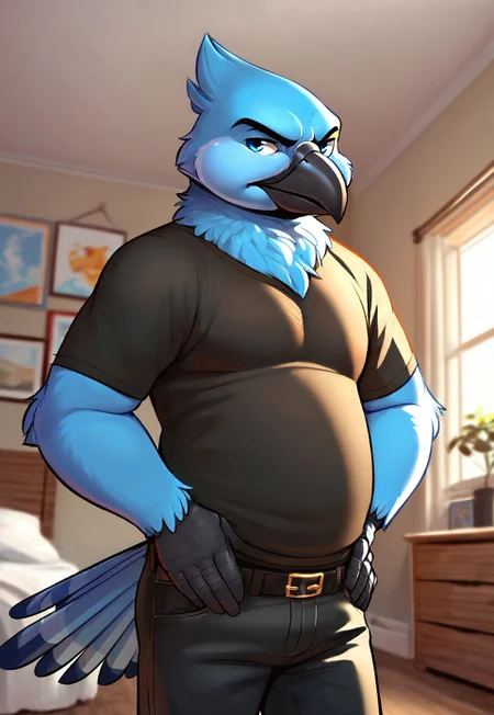 (two-toned, Furry), (male), ((amorous-Coby)), pastel-blue (bird), pastel-blue ((macaw)), pastel-blue feathers, blue eyes, black_scaly_hands, black hands, black forearms, chubby, dad-bod, grumpy, bird tail, feather tail, head feather, neck fluff, black beak, chubby cheeks, round beak, old,
black pants, black belt, dark-grey t-shirt,
hands on hips,
bedroom, apartment, rustic room,
(art, HD, good shadows, score_9, score_8_up, score_7_up),