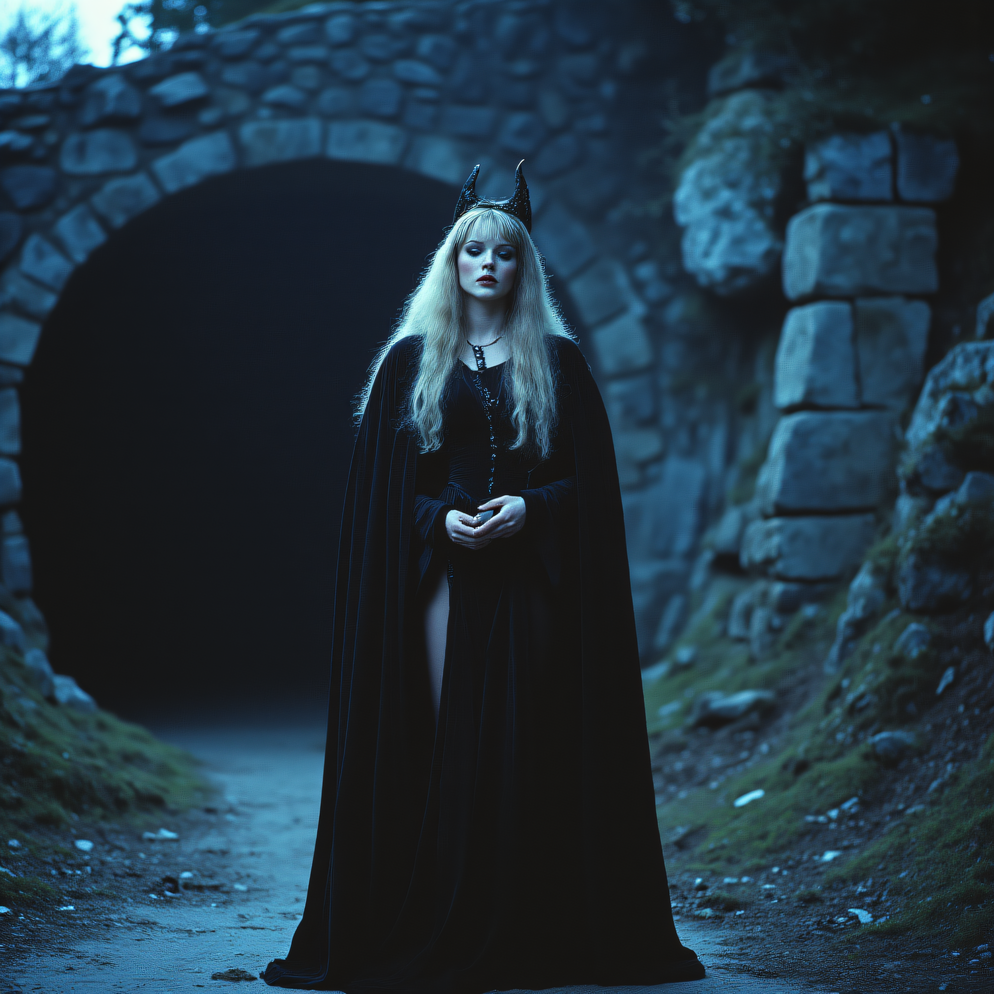 ArsMovieStill, 80s Fantasy Movie Still, The image shows a woman in a black cloak standing in front of a tunnel with a stone wall in the background. She appears to be a witch with long dark hair and a pointed hat. Her eyes are closed and her hands are clasped in her lap. She is standing in a contemplative pose as if she is deep in thought., 1girl, solo, moon, long hair, white hair, full moon, looking at viewer, dress, standing, blue theme