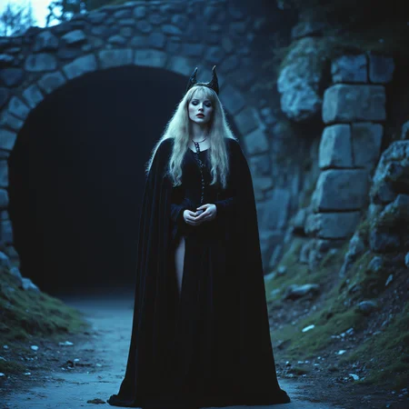 ArsMovieStill, 80s Fantasy Movie Still, The image shows a woman in a black cloak standing in front of a tunnel with a stone wall in the background. She appears to be a witch with long dark hair and a pointed hat. Her eyes are closed and her hands are clasped in her lap. She is standing in a contemplative pose as if she is deep in thought., 1girl, solo, moon, long hair, white hair, full moon, looking at viewer, dress, standing, blue theme