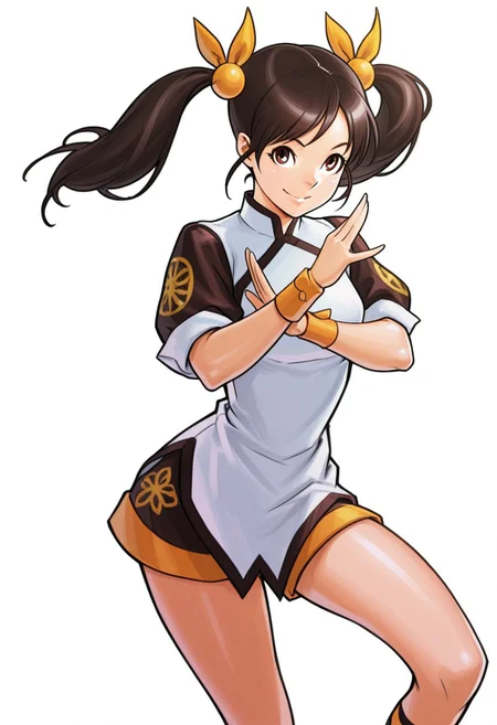 masterpiece, high quality, absurdres, very aesthetic, best quality, amazing quality, high resolution, <lora:KOF2002UM_Style_RHM:1>, KOF2002UM, Hiroaki, SNK, simple background, white background, 1girl, TKXiaoyu, 1girl, twin tails, black hair, brown eyes, figthing stance, smile, looking at viewer,