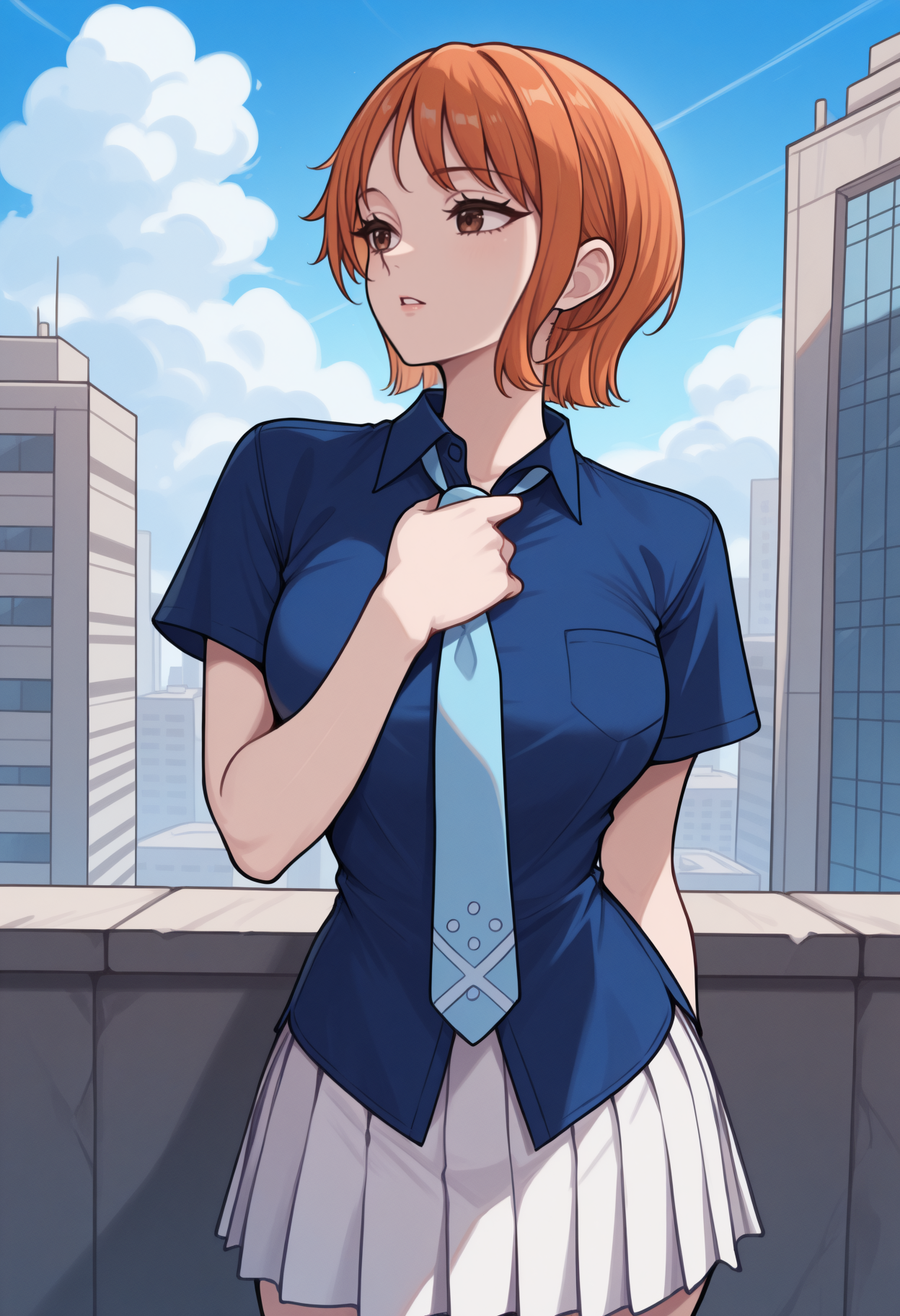masterpiece, best quality, newest, solo, 1girl, n4m1clrd, parted lips, looking to the side, standing, adjusting necktie, short hair, orange hair, brown eyes, blue shirt, collared shirt, untucked shirt, loose shirt, light blue necktie, short sleeves, white skirt, pleated skirt, outdoors, blue sky, cloud, city, building
<segment:yolo-Anzhc Face seg 640 v3 y11n.pt,0.4,1//cid=11>