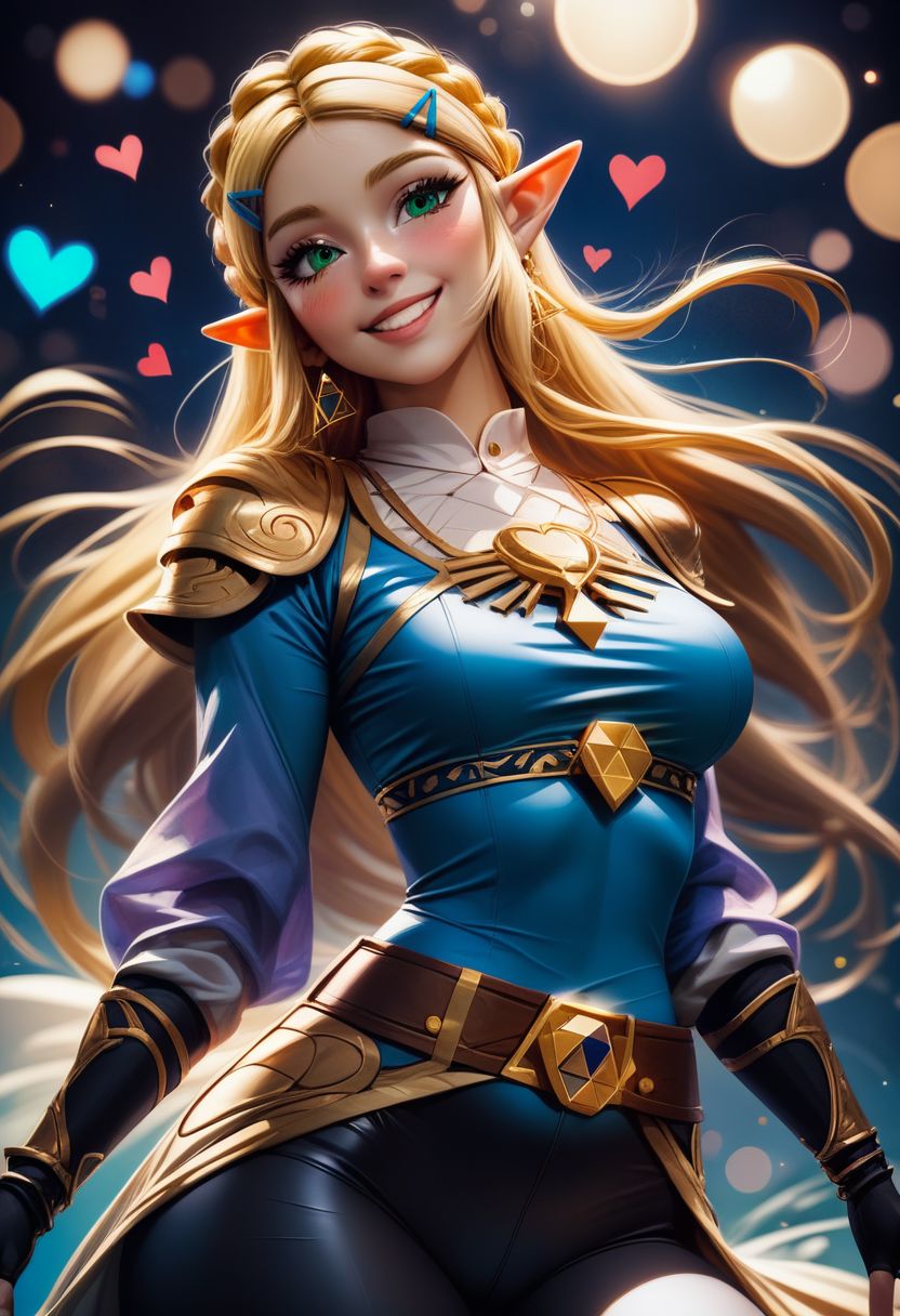 score_9, score_8_up, score_8, medium breasts, 
(ultra realistic,32k, masterpiece:1.2),(high detailed skin:1.1),( high quality:1.1), 
(curvy), cute, eyelashes, 
princess zelda, solo, long hair, green eyes, crown braid, hairclip, pointy ears, blue shirt, long sleeves, fingerless gloves, black gloves, black pants, tight pants, smile, curvy, head tilt, hearts, blush,
bokeh,