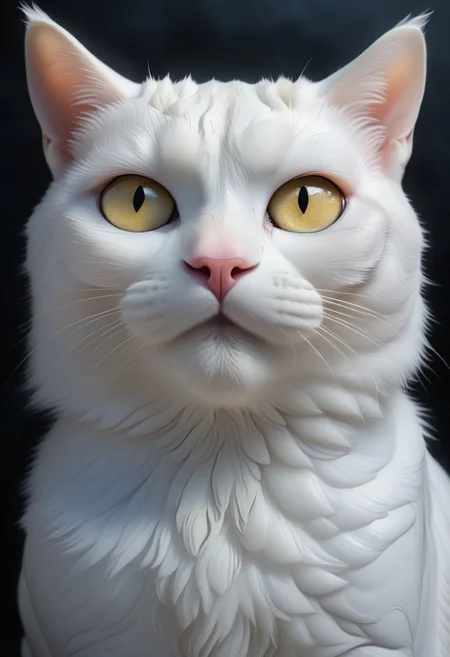 A very realistic extreme upper body photograph of a white cat with strikingly beautiful and unrealistically beautiful, fascinating golden eyes.